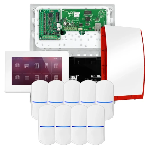 Kit di allarme SATEL INTEGRA 32, 9x sensore PET, sirena, tastiera bianca INT-TSH2-W