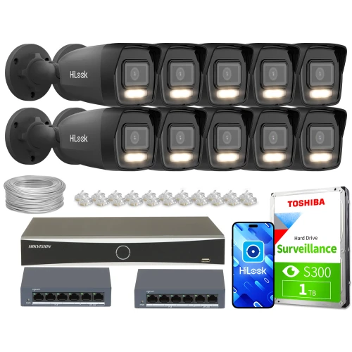 Zestaw do monitoringu składający się z dziesięciu kamer HiLook, rejestratora, dwóch switchów, dysku twardego Toshiba oraz akcesoriów montażowych. Na zdjęciu widoczne są również przewody i aplikacja mobilna HiLook na ekranie telefonu.