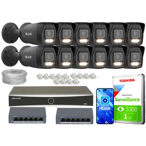 Zestaw do monitoringu składający się z dwunastu kamer IP, rejestratora, dysku twardego Toshiba o pojemności 1 TB, dwóch switchów oraz akcesoriów montażowych. Kamery są czarne, a rejestrator i switch mają prostokątny kształt.