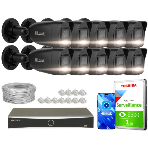 Zestaw do monitoringu składający się z dwunastu kamer IP HiLook, rejestratora Hikvision, dysku twardego Toshiba o pojemności 1 TB oraz akcesoriów montażowych i kabla. Kamery są czarne, a dysk oznaczony jako przeznaczony do nadzoru.