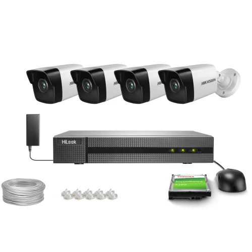 Zestaw do monitoringu składający się z czterech kamer, rejestratora, dysku twardego, kabla, wtyczek i myszki. Kamery i rejestrator są w kolorze czarno-białym, a dysk twardy jest marki Toshiba.
