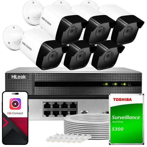 Zestaw do monitoringu składający się z sześciu kamer, rejestratora HiLook, dysku twardego Toshiba oraz akcesoriów montażowych. Na zdjęciu widoczna jest również aplikacja mobilna Hik-Connect.