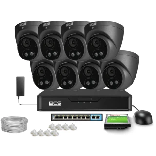 Kit di videosorveglianza IP 8x BCS-P-EIP28FSR3L2-AI2-G 8Mpx, WDR 120dB, Rilevamento persone e veicoli, IR 30m