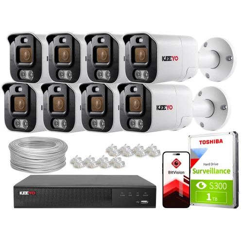 Zestaw do monitoringu składający się z ośmiu kamer, rejestratora, dysku twardego Toshiba oraz akcesoriów montażowych. Na zdjęciu widoczny jest również kabel sieciowy i aplikacja BitVision na smartfonie.