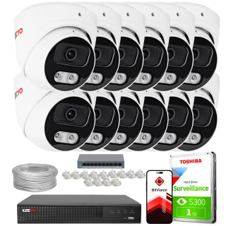 Zestaw do monitoringu IP składający się z ośmiu kamer kopułkowych, rejestratora, dysku twardego Toshiba 1TB, kabla sieciowego, złączy oraz aplikacji mobilnej BitVision. Elementy są ułożone na białym tle, prezentując kompletny system zabezpieczeń.