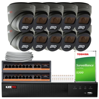 Zestaw do monitoringu składający się z dziesięciu kamer, dwóch przełączników sieciowych, dysku twardego Toshiba oraz rejestratora Keeyo. W tle widoczny jest również kabel sieciowy i zestaw złączek.