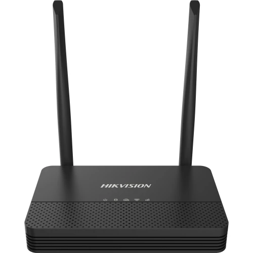 Czarny router marki Hikvision z dwiema antenami skierowanymi do góry. Na przednim panelu znajdują się diody sygnalizacyjne oraz logo producenta.