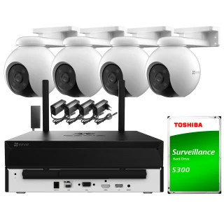 Zestaw do monitoringu Wi-Fi składający się z czterech kamer kopułkowych, rejestratora z antenami oraz dysku twardego Toshiba S300. W zestawie znajdują się również zasilacze i akcesoria montażowe.