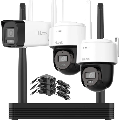 Zestaw do monitoringu Wi-Fi składa się z dwóch białych kamer obrotowych, jednej czarno-białej kamery oraz rejestratora z antenami. W zestawie znajdują się również cztery zasilacze z kablami.