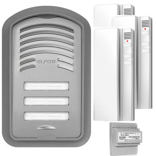 Na zdjęciu znajduje się zestaw domofonowy składający się z panelu zewnętrznego z trzema przyciskami oraz trzech białych unifonów. Obok widoczny jest moduł elektroniczny z oznaczeniami marki Elfon.