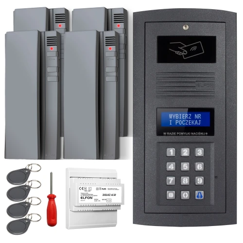 Zestaw domofonowy cyfrowy składający się z panelu z klawiaturą numeryczną, czterech słuchawek, czterech breloków zbliżeniowych, śrubokręta i modułu elektronicznego. Panel posiada wyświetlacz oraz miejsce na przyłożenie karty zbliżeniowej.