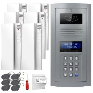 Zestaw domofonowy składa się z cyfrowego panelu z klawiaturą numeryczną i wyświetlaczem, sześciu białych unifonów, pięciu breloków zbliżeniowych, śrubokręta oraz modułu elektronicznego. Panel domofonu jest w kolorze szarym, a unifony mają prosty, nowoczesny design.