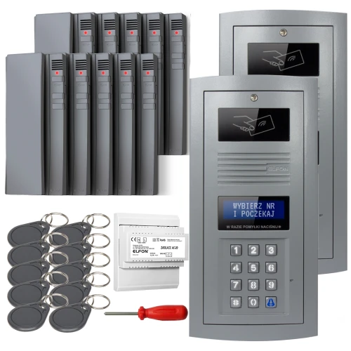 Zestaw domofonowy cyfrowy składający się z panelu z klawiaturą numeryczną, kilku breloków zbliżeniowych, śrubokręta oraz dodatkowych modułów. Panel posiada wyświetlacz z instrukcją "Wybierz nr i poczekaj".