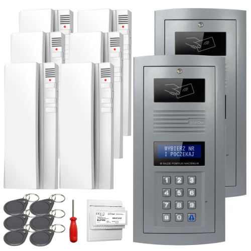 Zestaw domofonowy składa się z dwóch paneli z klawiaturą numeryczną i ekranem, sześciu białych słuchawek domofonowych oraz akcesoriów takich jak breloki zbliżeniowe i śrubokręt. Panele mają nowoczesny design w kolorze szarym, a słuchawki są wyposażone w przyciski funkcyjne.