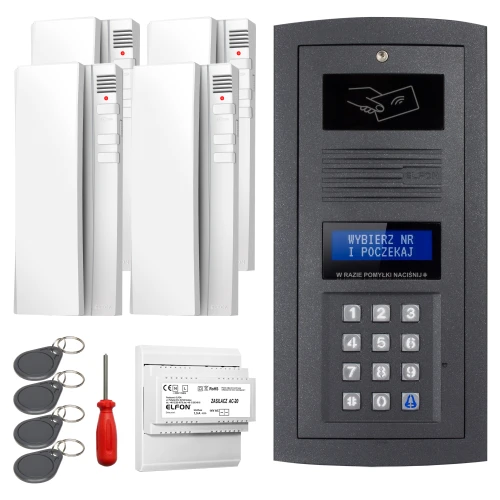Zestaw domofonowy składający się z panelu z klawiaturą numeryczną, czterech białych unifonów, czterech breloków zbliżeniowych, śrubokręta oraz modułu zasilającego. Panel posiada ekran i miejsce na kartę zbliżeniową.