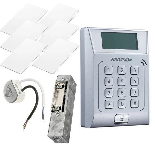 Kit di accesso Hikvision DS-K1T802M, 6x carta di prossimità, elettroserratura, alimentatore