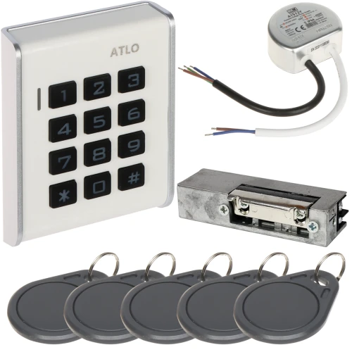 Kit di controllo accessi ATLO-KRM-103, alimentatore, serratura elettrica, carte di accesso