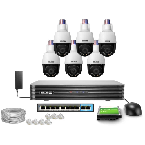 Na zdjęciu znajduje się zestaw do monitoringu, w skład którego wchodzi sześć kamer, rejestrator, dysk twardy, myszka, kabel sieciowy, złącza RJ-45 oraz switch. Wszystkie elementy są ułożone na białym tle, prezentując kompletny system zabezpieczeń.