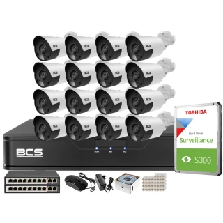 Kit di monitoraggio con 16 telecamere 5MPx BCS-P-TIP15FSR5 IR 30m, Registratore, disco, switch PoE