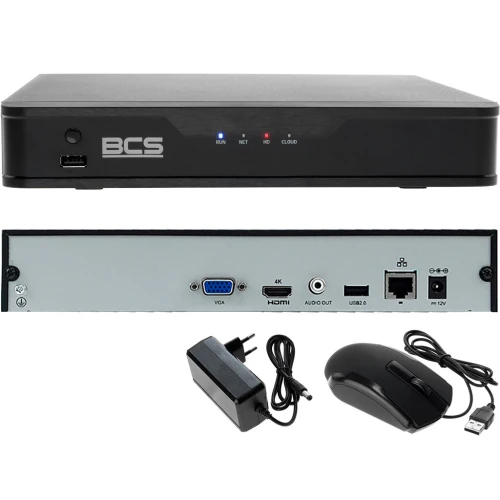 Monitoraggio fai-da-te - set: 6 telecamere BCS-P-TIP14FSR5 4MPx, registratore BCS-P-NVR0801-4K-E 8MPx, disco rigido da 1TB, cavo a torsione