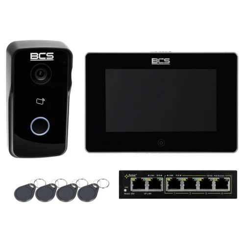 Zestaw wideodomofonowy BCS składa się z czarnej kamery z przyciskiem, dużego ekranu dotykowego oraz przełącznika sieciowego. W komplecie znajdują się również cztery breloki zbliżeniowe.