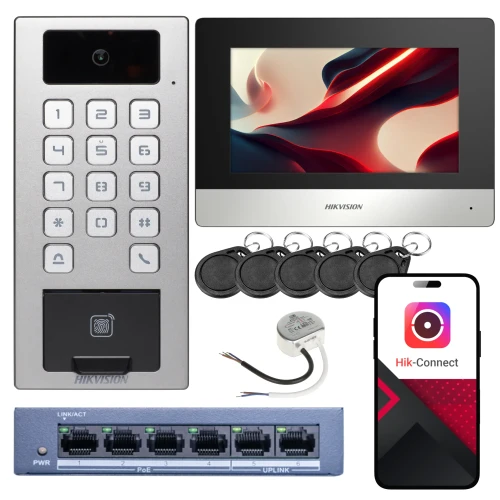 Set videocitofonico Hikvision DS-K1T502DBFWX-C, monitor, 5 portachiavi, impronta digitale