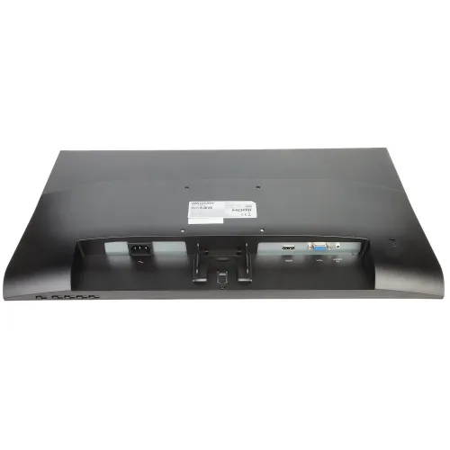 Zdjęcie przedstawia tylną część monitora z widocznymi złączami, takimi jak HDMI, VGA i audio. Obudowa jest czarna, a złącza są umieszczone w centralnej części panelu.